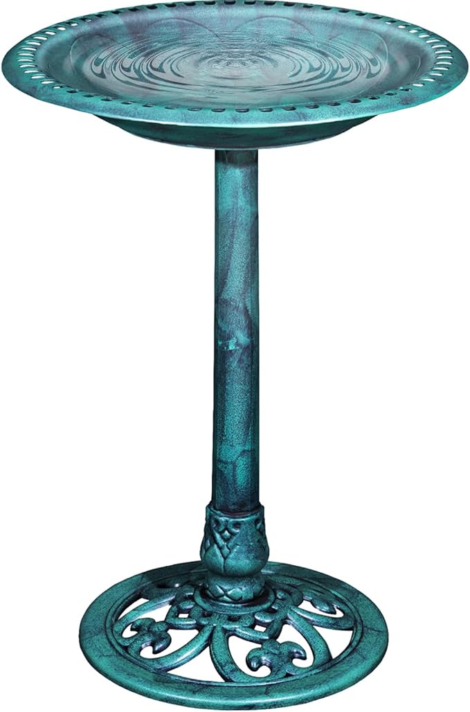 VECELO 28" Pedestal Outdoor Bird Bath for Outside, Vintage Bronze Polyresin Lightweight Antique, Yard/Garden Decoration, Green