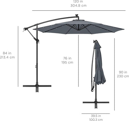 Best Choice Products 10ft Solar LED Offset Hanging Market Patio Umbrella for Backyard, Poolside, Lawn and Garden w/Easy Tilt Adjustment, Polyester Shade, 8 Ribs - Slate
