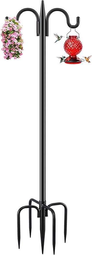 Gtongoko Bird Feeder Pole for Outdoors Heavy Duty, 108 Inch Double Shepherds Hook with 5-Prong Stable Base, 3/4 Inch Thick Hummingbird Feeder Stand for Hanging Plants, Lanterns, 1 Pack