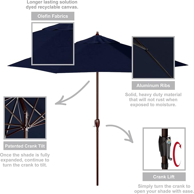 California Umbrella 9' Round Aluminum Outdoor Deck, Pool or Patio Umbrella, Crank Lift, Auto Tilt, Bronze Pole, Navy Blue Olefin