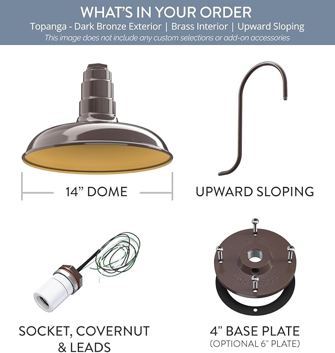 Steel Lighting Co. Topanga Barn Light | Outdoor Wall Mounted | 14 inch Dome | Upward Sloping Gooseneck | Farmhouse Garage Light Made in America | Dark Bronze Exterior/Brass Interior