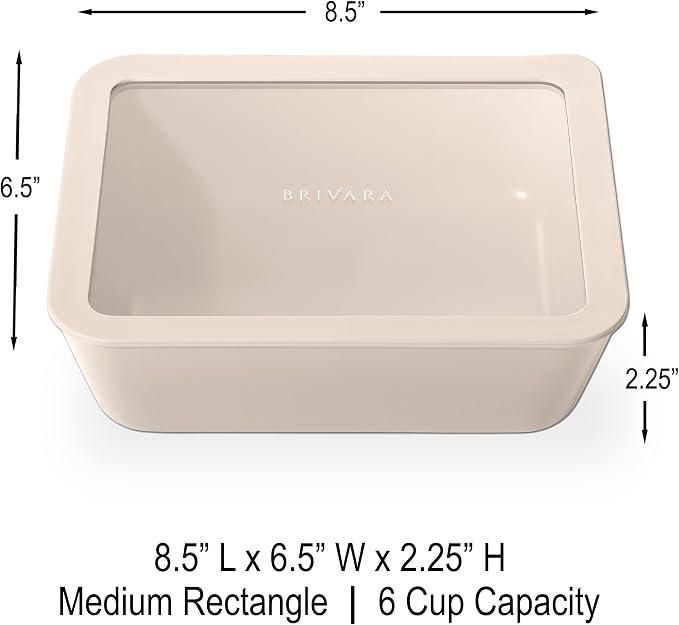 Glass Food Storage Container with Lid, 6-Cup Medium Rectangle | Microwave-Safe Airtight Lid, Oven-Safe Ceramic-Coated Glass | Zero Plastic, No PFAS/PFOA/BPA, Reusable [Crema]