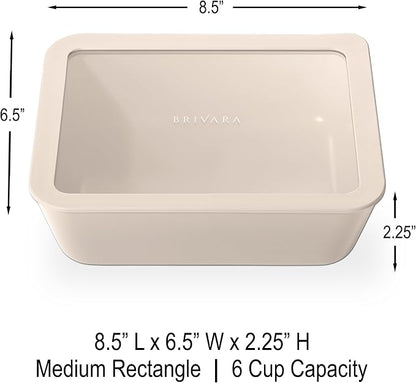 Glass Food Storage Container with Lid, 6-Cup Medium Rectangle | Microwave-Safe Airtight Lid, Oven-Safe Ceramic-Coated Glass | Zero Plastic, No PFAS/PFOA/BPA, Reusable [Crema]