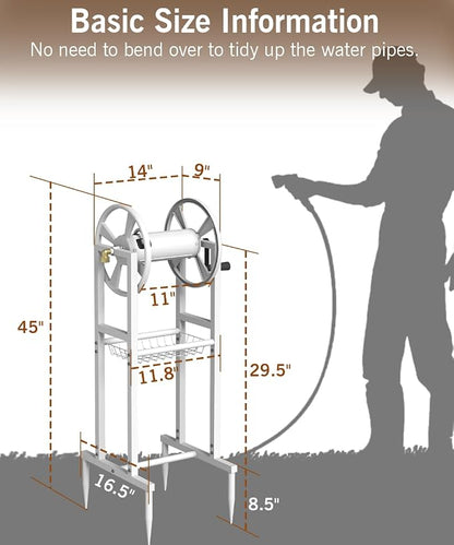Garbuildman Ground Mount Garden Hose Reel Holds 125 Feet of 5/8-Inch with 3.9 ft Leader Hose, Brass Fitting, Water Hose Holder Stand with Storage Rack & 4 Spikes Base for Outdoor Lawn, White