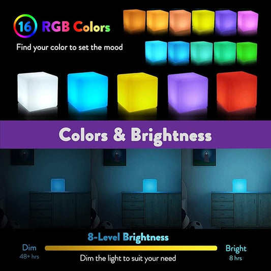 Mr.Go 10-inch LED Ball Light and 8-inch LED Cube Light Bundle, Rechargeable, Remote Control, Dimmable 16 RGB Colors 4 Modes, Waterproof, Great as Night Light Mood Lamp Ambient Lighting Decorations