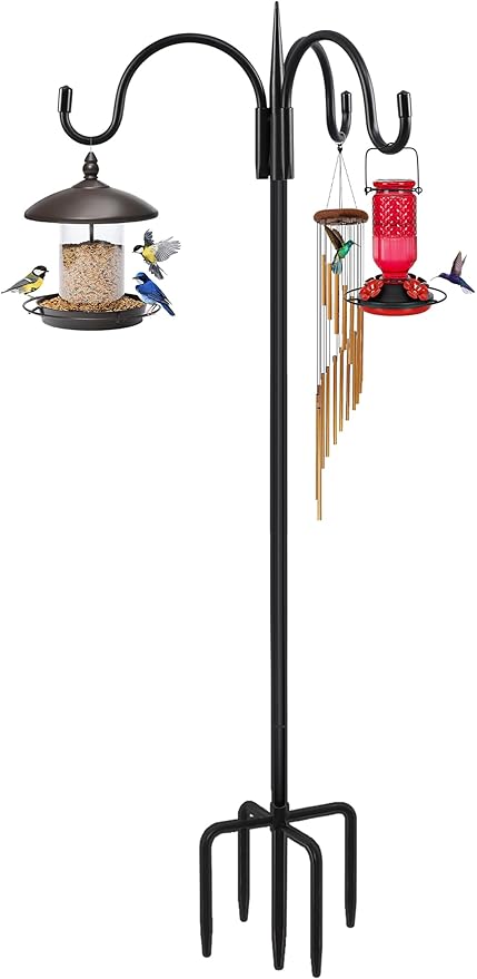 FEED GARDEN Heavy Duty Shepherds Hook 92" Triple Hooks - Metal 5-Prong Base, Adjustable (44/60/76/92") - 15lb Capacity Bird Feeder Pole for Hanging Plants, Solar Lanterns, Wind Chimes, 1 Pack