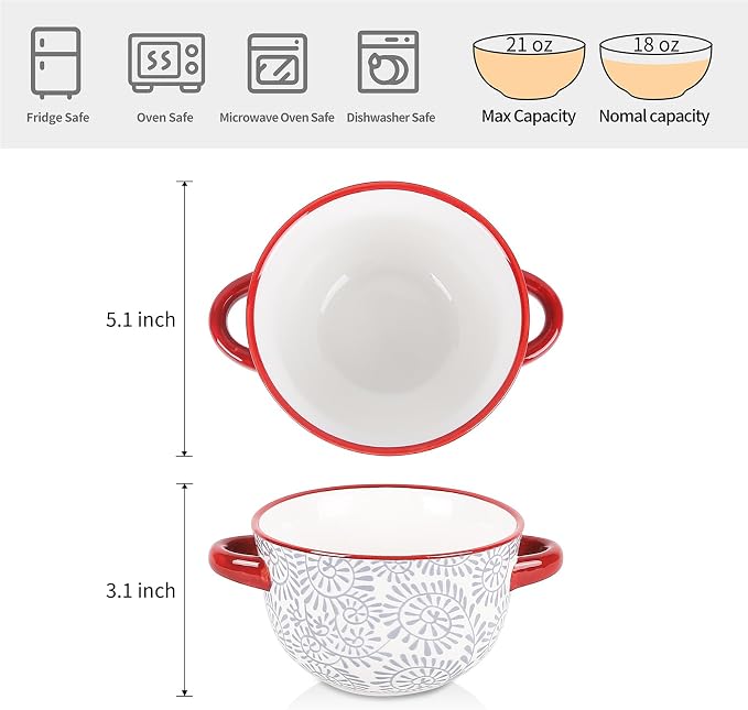 Selamica Ceramic Soup Bowls with Handles, French Onion Soup Crocks 20 OZ, Oven Safe Soup Bowls for French Onion, Chili, Beef Stew, Cereal, Pot Pies, Set of 4, Assorted Colors