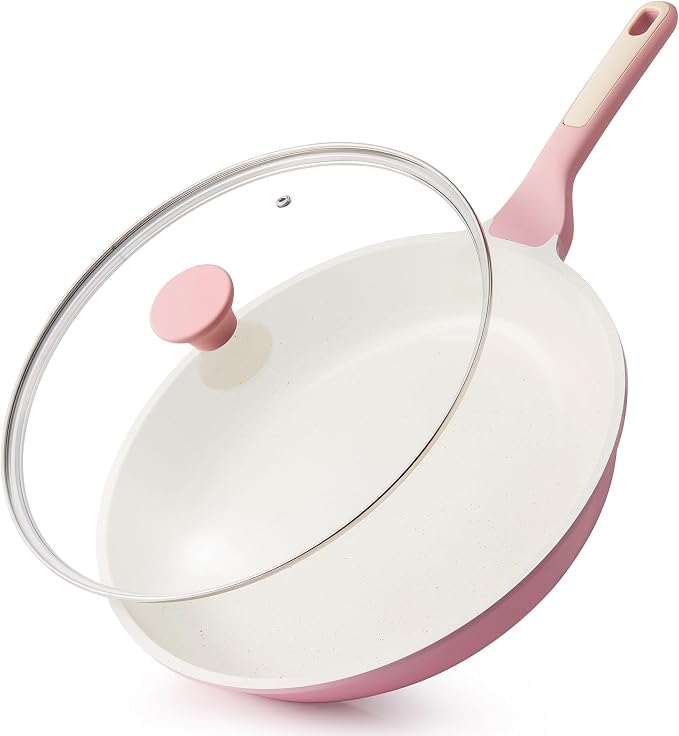 SENSARTE Nonstick Ceramic Frying Pan with Lid 11 Inch Omelet Pan Skillet, Free of Intentionally Added PFAS/PTFE Non-toxic Chef's Pan Induction Compatible Pan, Heat Resistant Handle, Sakura Pink