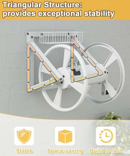 Artigarden Triangle Wall Mounted Garden Hose Reel, Outdoor Heavy-Duty Water Hoses Holder Winder, Holds 125 Ft of 5/8-Inch Hose, with 3.9 ft Leader Hose, Brass Fitting, Storage Basket for Yard, White