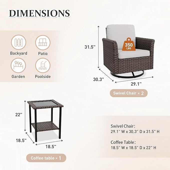Canyon Ridge 3 Piece Outdoor Patio Bistro Set with Swivel Rocking Chairs and Side Table, Outdoor Furniture Set, Brown/Beige