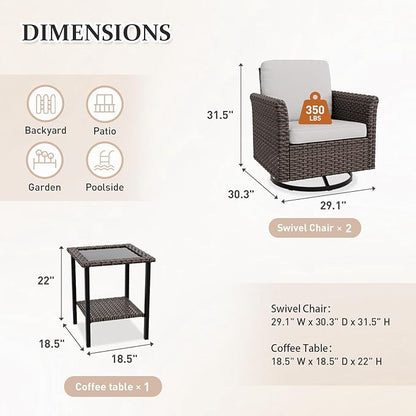 Canyon Ridge 3 Piece Outdoor Patio Bistro Set with Swivel Rocking Chairs and Side Table, Outdoor Furniture Set, Brown/Beige