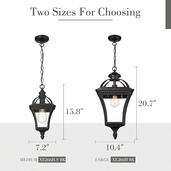 Emliviar Modern Outdoor Hanging Porch Light, 15.8" Black Pendant Lantern with Water Ripple Glass, Outdoor Ceiling Pendant Lamp for Patio, Entryway, XE266H-S BK
