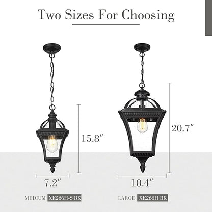 Emliviar Modern Outdoor Hanging Porch Light, 15.8" Black Pendant Lantern with Water Ripple Glass, Outdoor Ceiling Pendant Lamp for Patio, Entryway, XE266H-S BK