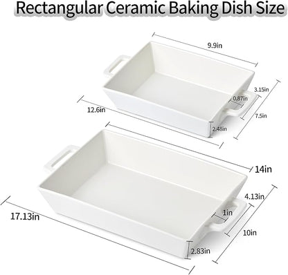 4.6&1.8 Qt Rectangular Ceramic Baking Dishes, 14&9.9 Inch Deep Casserole Lasagna Pans with Handles for Cooking, Roasting, Serving, and Daily Use, Safe for Oven Microwave Dishwasher Freezer