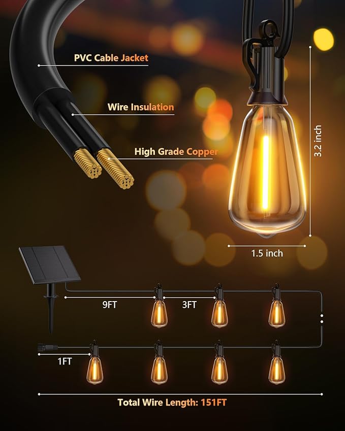 Brightown 151FT Solar String Lights Outdoor Waterproof with Remote, 48+1 LED Shatterproof Bulbs, Dimmable & Timable, 3 Light Modes - Commercial Grade Patio Lights for Garden Backyard Party Decor