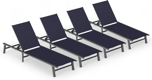 Ciokea Foldable Outdoor Lounge Chair Set of 4, No Assembly Aluminum Chaise Lounge Outdoor with 5-Positions, Aluminum Pool Lounge Chairs with Portable Design for Pool, Deck, Beach, Patio (Navy Blue)