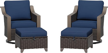 Patio Metal Wicker Swivel Chairs with Ottomans Set of 2, Conversation Furniture Set - 360 Degree Glider Rocker Chairs | 2 Wicker Ottomans, Washable Cushions, Metal armrests (Navy Blue)