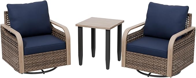 Modern Wicker Bistro Table and Chairs Set, Rattan Outdoor Bistro Set for Patio, Wicker Patio Swivel Rocking Chairs & Table, 3 Pieces, Brown/Blue