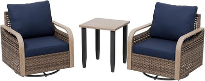 Modern Wicker Bistro Table and Chairs Set, Rattan Outdoor Bistro Set for Patio, Wicker Patio Swivel Rocking Chairs & Table, 3 Pieces, Brown/Blue