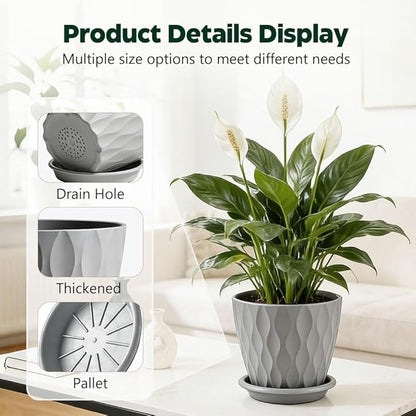 Plant Pots, Self Watering Planters with Drainage Holes and Trays, Flower Pots for Indoor Outdoor - 6 Pack(4/5/6/6.5/7/8 Inch) (Gray)