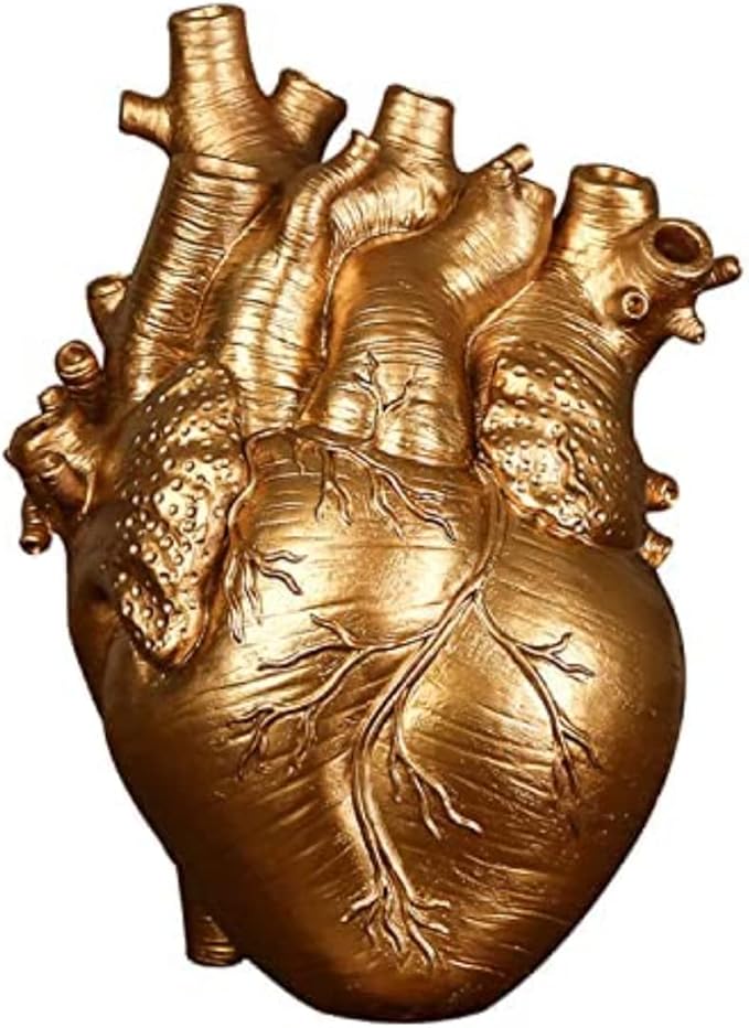 Resin Vase Planter, Decorative Heart Vase - Anatomical Heart Tabletop Decorative Craft, Farmhouse Living Room Bedroom Countertop (Gold,Small)