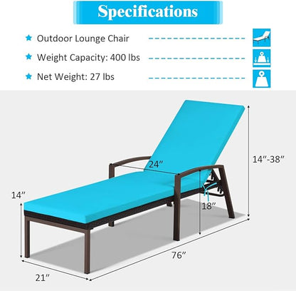 COSTWAY 2PCS Rattan Lounge Chair Outdoor, Patio Wicker Chaise Lounge with 5-Position Adjustable Backrest, Soft Cushion & Arm Rest, Pool Recliner Set of 2 for Poolside, Deck, Backyard (Turquoise)