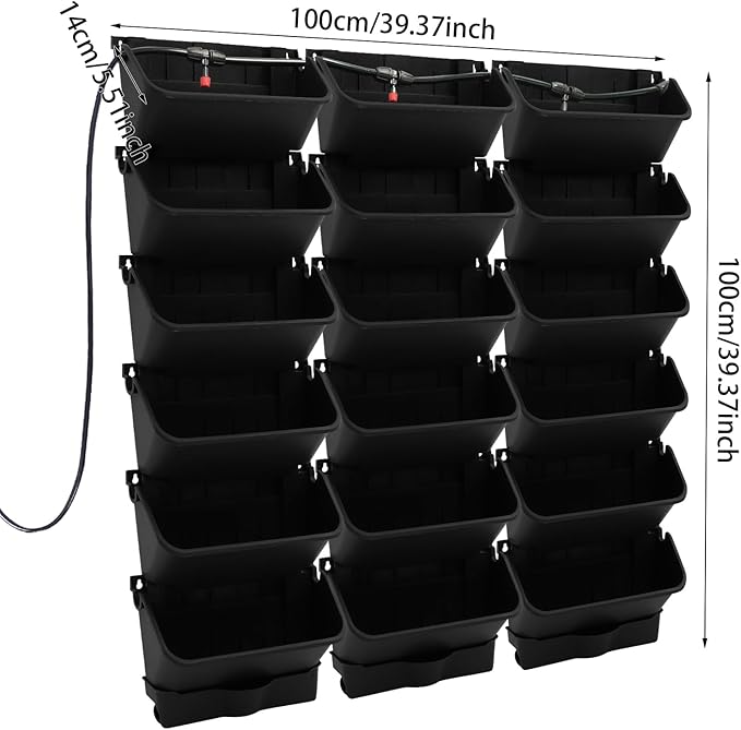 18 Pots Vertical Garden Planter, 6 Tiers Self-Watering Wall-Mounted Flower Pot Bags,Vertical Wall Planter w/Timer&18pcs Plant Pots, Hanging Planter Rack Balcony Planter for Herb (Black)