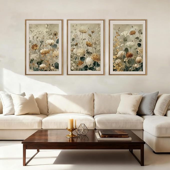 Anyzal Large Neutral Wildflower Farmhouse Framed Wall Art 16x24 Inch Vintage Floral Canvas Wall Decor Olive Botanical Art Prints for Living Room Bedroom Dining room