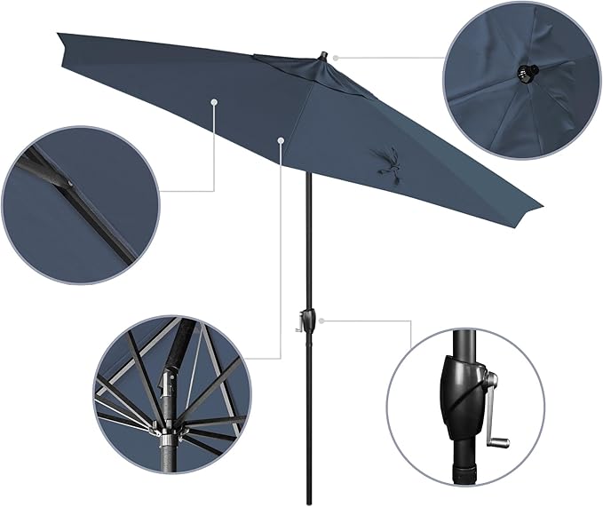 California Umbrella 9' Rd Aluminum Patio Umbrella, Crank Lift, Auto Tilt, Black Finish, 4yr Fade Warranty, Sapphire