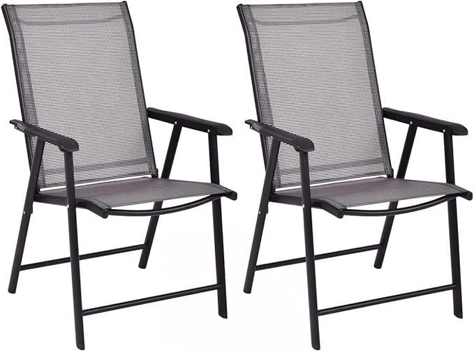 Tangkula Set of 2 Patio Folding Chairs, Outdoor Fabric Dining Chairs with High Back & Armrests, Sturdy Metal Frame for Patio Lawn Garden (Grey)