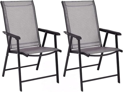 Tangkula Set of 2 Patio Folding Chairs, Outdoor Fabric Dining Chairs with High Back & Armrests, Sturdy Metal Frame for Patio Lawn Garden (Grey)