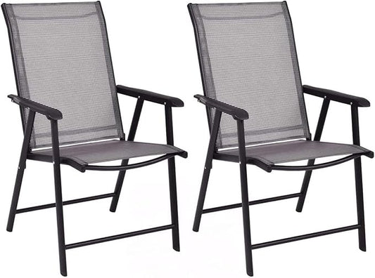 Tangkula Set of 2 Patio Folding Chairs, Outdoor Fabric Dining Chairs with High Back & Armrests, Sturdy Metal Frame for Patio Lawn Garden (Grey)