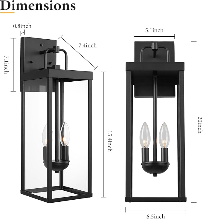 Dusk to Dawn Outdoor Wall Sconce Lights, 20 Inch Tall Transitional Exterior Wall Lighting with Clear Glass, Anti-Rust Powder Coat Black Modern Outside Lantern for Front Porch, DDRZ008M-2 BK