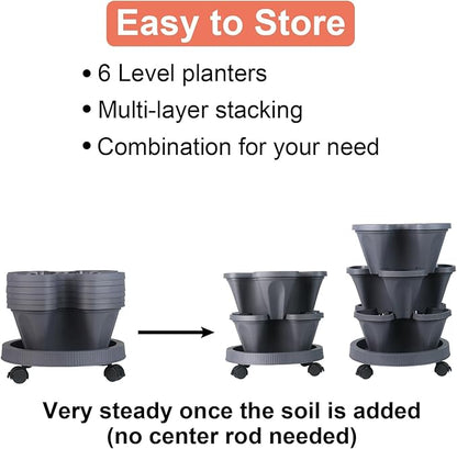 GameXcel Vertical Planter Tower- 6 Tier Stackable Garden Planter with Wheels and Tool Set – Grow Strawberries Herbs Flowers and Vegetables - Indoor Outdoor Use Dark Gray