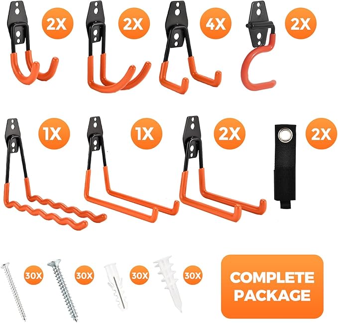 Garage Hooks 16 Pack Utility Steel Garage Storage Hooks with Anti-Slip Coating, Heavy Duty Mount Hooks for Hanging Bike, Ladder Garden Tool Organizer