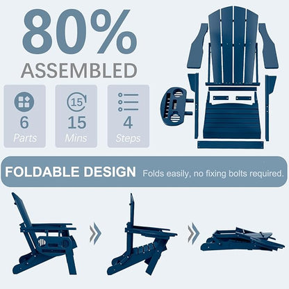Adirondack Chair Set of 4, HDPE Folding Adirondack Chair with Multifunctional Cup Holder, Weather Resistant Fire Pit Chair for porches, patios, poolsides, Decks.