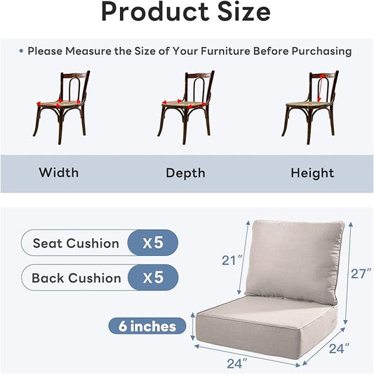 6" Thicker Outdoor Chair Cushion 5 Sets - 24" *24" *6" Waterproof Patio Furniture Cushions with Removable Cover, 28D High Density Sponge Filling Thicken Outdoor Patio Cushions - Beige