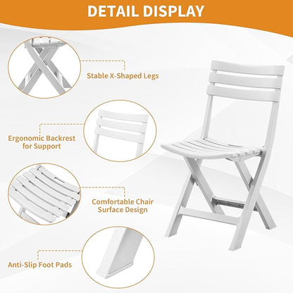 Plastic Folding Bistro Set, 3 Piece Patio Bistro Set, Portable Indoor Outdoor Table and Chairs with Backrest, Foldable Patio Furniture Set for Balcony, Porch, Backyard, Garden,Poolside (White)