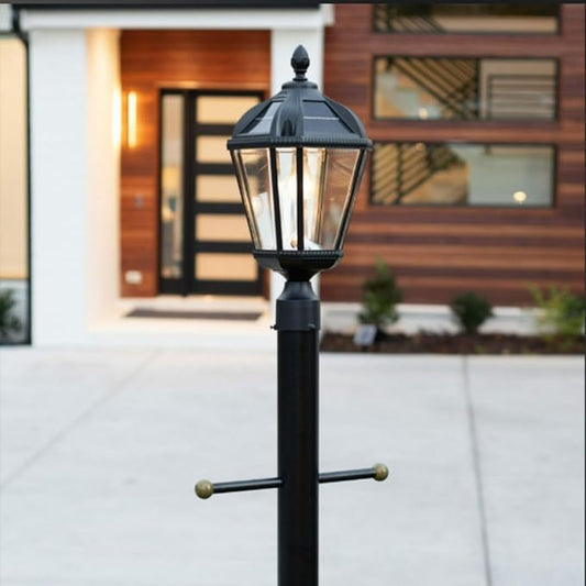 Gama Sonic Outdoor Solar Post Light, Black Aluminum, Royal Bulb, Rain Water Glass, Single Lamp with 3-inch Fitter for Lamp Posts Warm White LED, 98B012 (Upgraded Panel and Battery)