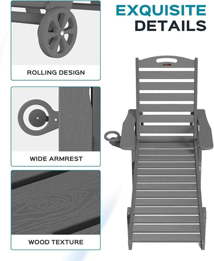 Ciokea Outdoor Chaise Lounge Chair Set of 2, Patio Lounge Chairs for Outside, HDPE Lounge Chairs with Wheels & Cup Holder, Poly Lounge Chair with 5 Position for Poolside, Deck, Dark Grey