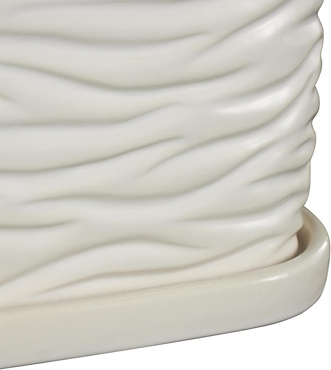 Deco 79 Ceramic Indoor Outdoor Planter Wavy Ribbed Large Planter Pot with Attached Saucer, Set of 3 Planters 7",6",5" H, White