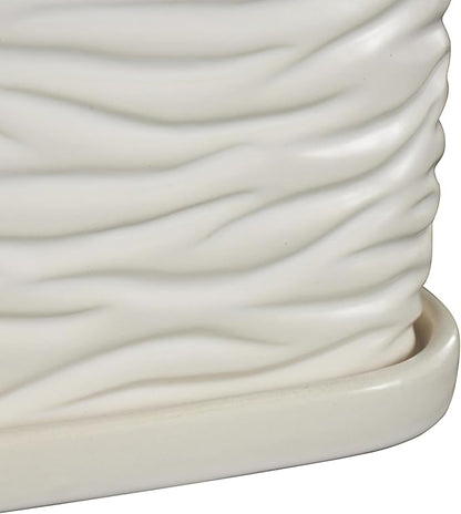 Deco 79 Ceramic Indoor Outdoor Planter Wavy Ribbed Large Planter Pot with Attached Saucer, Set of 3 Planters 7",6",5" H, White
