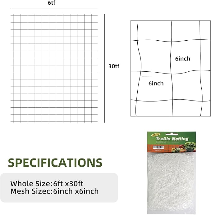 Trellis Netting, PDGROW Heavy Duty Garden Trellis Netting, 6 x 30 ft Trellis Netting for Climbing Plants, Outdoor Indoor Grow Net for Support Vine Vegetable Fruits and Flower, 4 Pack（Put in One Pack）