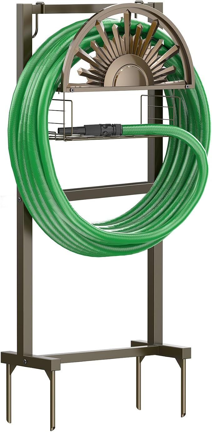 GOFORWILD Garden Hose Reel Winding Reel- Freestanding Water Hose Stand with Storage Basket, Holds 150ft of 5/8 Hose for Outside Patio Yard Lawn with 2 Hooks