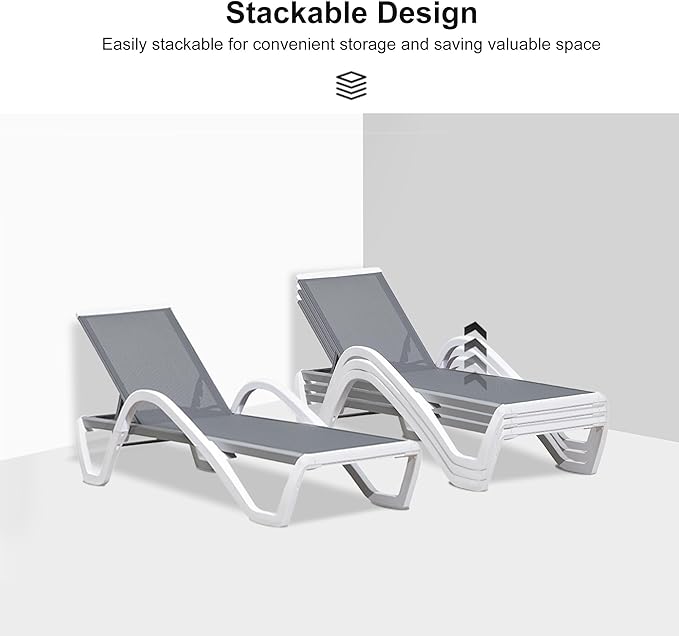 PURPLE LEAF Patio Chaise Lounge Chair Set Outside Aluminum Plastic Stackable Tanning Chairs with Armrests and Side Table for Pool Sunbathing Beach Deck Outdoor Lounger, Gray