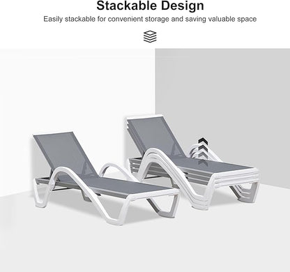PURPLE LEAF Patio Chaise Lounge Chair Set of 3 Outside Aluminum Plastic Stackable Tanning Chairs with Armrests and Side Table for Pool Sunbathing Beach Deck Outdoor Lounger, Gray