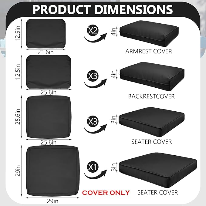 9 Piece Outdoor Patio Waterproof Cushion Covers, Fits 4-Seat Wicker Rattan Sectional Couch Chair Furniture Cover Replacement Set - Fade-Resistant Patio Cushion Covers with Zipper