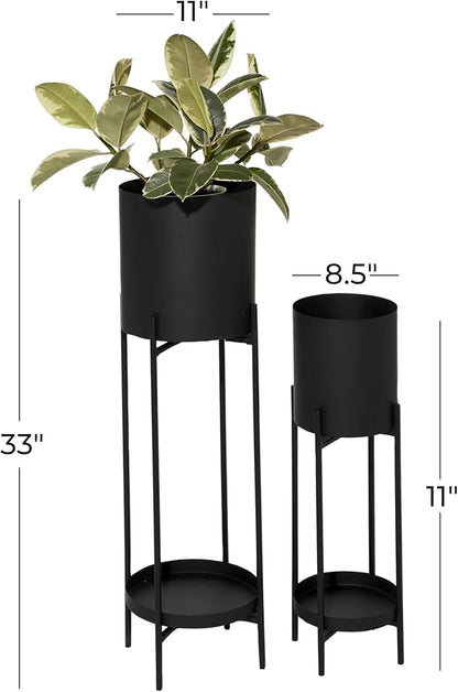 Deco 79 Metal Indoor Outdoor Planter Large Planter Pot with Lower Shelf and Removable Stand, Set of 2 Planters 24", 33"H, Black