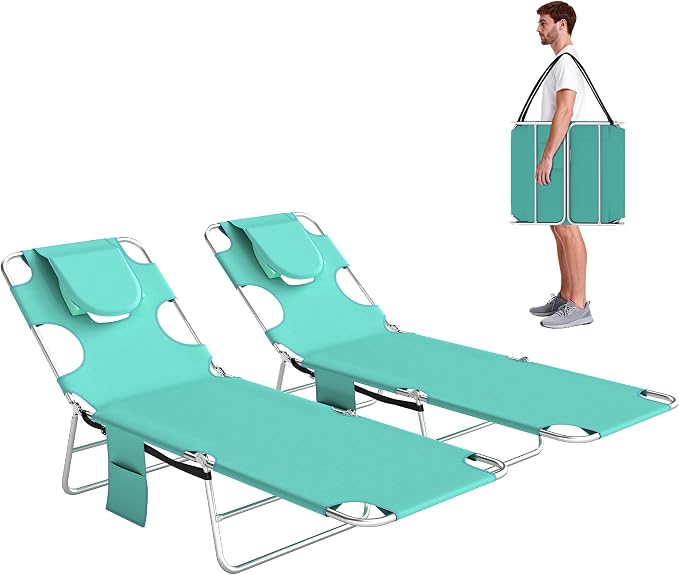 Outsunny Chaise Lounge Chairs Set of 2 Outdoor with Face Arm Hole, 5-Position Reclining Face Down Tanning Chairs with Carry Strap, Side Pocket, Portable Folding Bed Cots for Patio Pool, Light Green