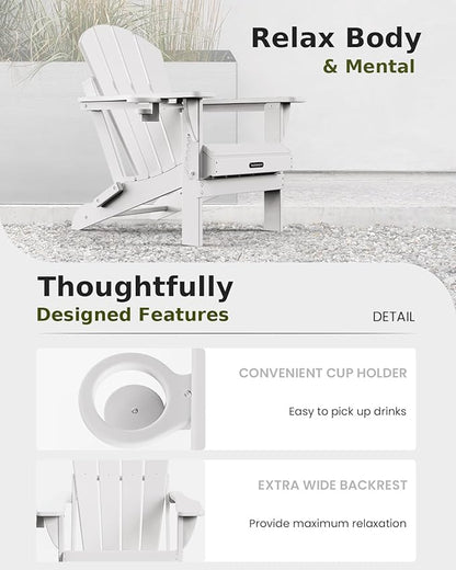 MUCHENGHY Folding Adirondack Chairs 2 Pack, Patio & Lawn Chairs, Outdoor & Backyard Chairs, Weather Resistant with Cup Holder, White